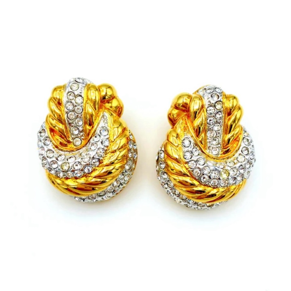 Nolan Miller Gold Tone Rhinestone Knot Vintage Clip-On Earrings